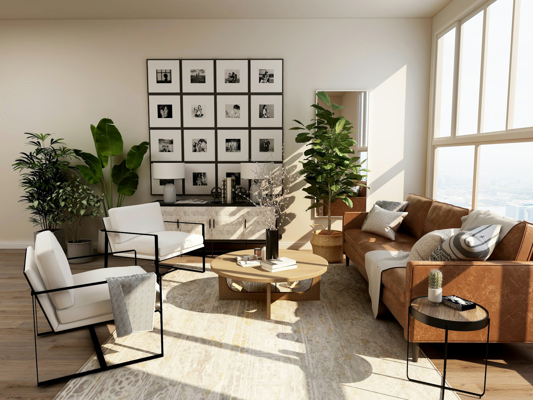 A bright, welcoming living room with warm natural finishes